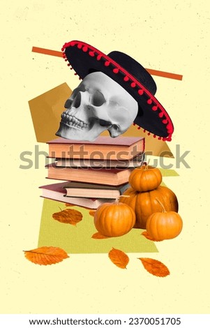 Collage artwork picture of halloween scull lying book wear latino headwear isolated painting background