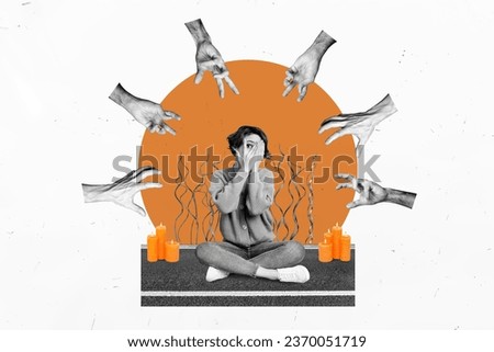 Composite creative photo illustration collage of frightened girl sit light candles do summoning ritual isolated on white color background