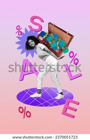 Banner collage picture of charming girl carry heavy suitcase buy many gifts special seasonal proposition isolated on drawing background