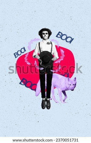 Vertical collage picture of latin dead day costume guy hold hat wolf animal boo scare isolated on creative blue background