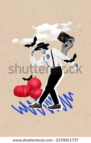 Vertical collage of black white effect mariachi guy dancing big arm hold photo camera flying bats clouds pumpkins isolated on beige background