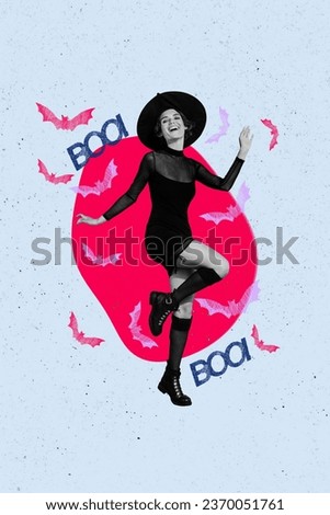 Vertical collage image of excited stunning black white effect conjurer girl dancing flying bats boo isolated on blue creative background