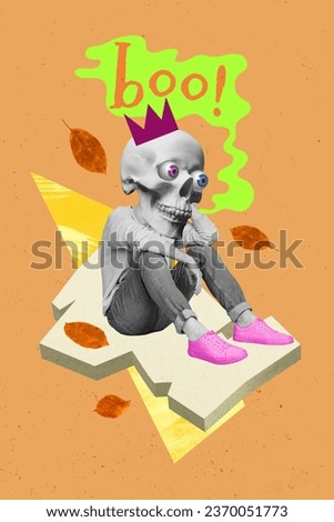 Picture collage image of scary guy wear weir scull mask preparing halloween party isolated orange color background