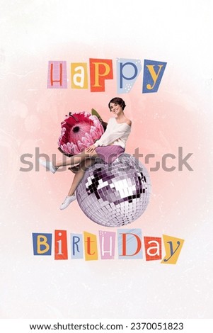 Creative artwork template collage of happy smiling lady sitting disco ball celebrating birthday isolated painting background