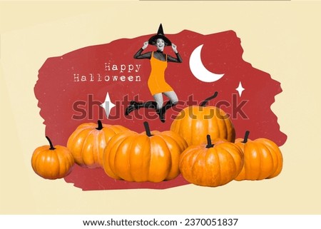 Collage of mysterious mini black white colors enchant girl jump big pumpkin night sky stars moon happy halloween isolated on beige background