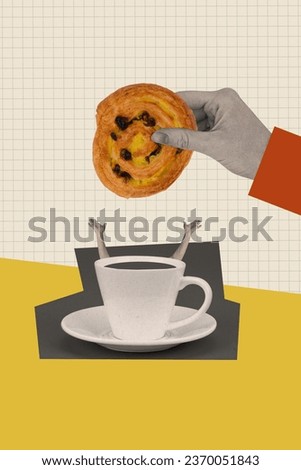 Vertical composite creative unusual photo collage of big hand drop cookie in cup of tea with arms isolated on checkered background Royalty-Free Stock Photo #2370051843