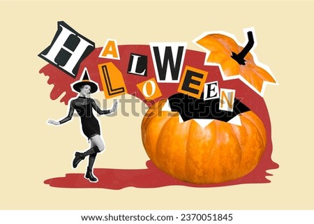 Artwork collage picture of excited black white colors enchant girl dancing big opened pumpkin halloween poster isolated on beige background