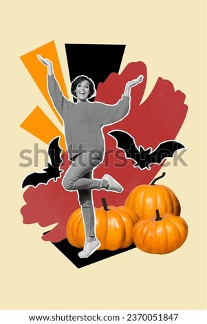 Vertical collage image of positive black white effect overjoyed girl flying bats pumpkin isolated on painted beige background