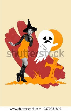 Vertical creative composite photo collage of girl in witch costume standing near sad ghost on graveyard isolated drawing background