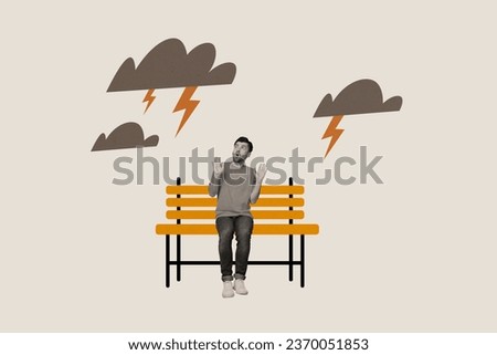Composite creative abstract photo collage of funny terrified man sit in park outdoors expect storm isolated on white color background