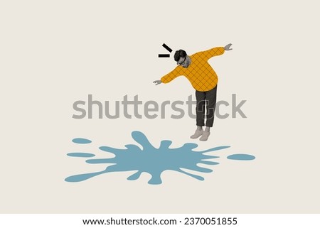 Composite creative abstract illustration photo collage of careless man look down at puddle outdoors isolated on white color background