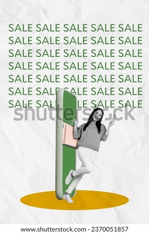 Banner collage poster of beautiful happy girl make order online shop buy limited collection big sale isolated on drawing background