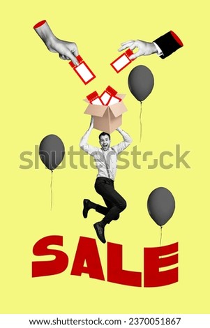 Banner collage picture of crazy happy gentleman hold carton box celebrate super sale opening market isolated on drawing background