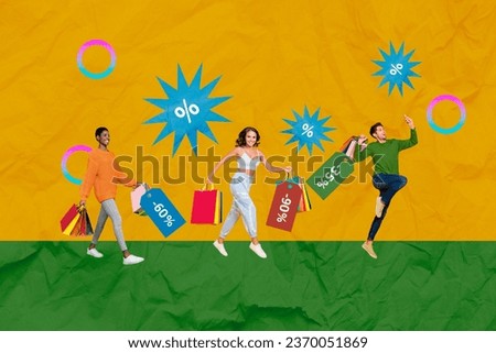 Promo billboard collage of funny young people walk market supermarket buy brand collection isolated on drawing yellow background
