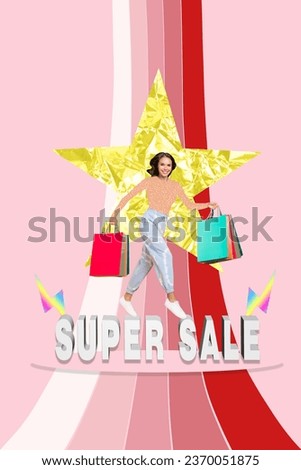 Poster collage sketch of happy cheerful girl going store carrying packs stylish collection isolated on vivid drawing background