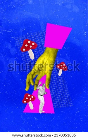 Magazine picture sketch collage image of arm catching funky senior guy walking mushrooms isolated creative background