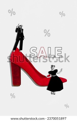 Vertical collage picture of two mini black white colors girls huge red high heel shoe special sale offer isolated on creative grey background