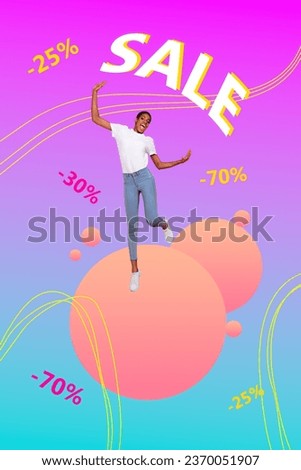 Vertical collage picture of excited mini person special huge sale proposition isolated on gradient colorful background