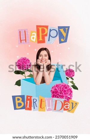 Vertical collage image of cheerful girl inside giftbox package fresh flowers happy birthday postcard isolated on drawing background