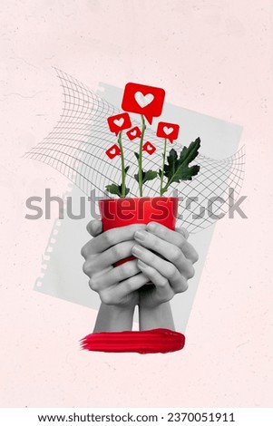 Poster image collage of woman arms fingers hold ug growing flowers social media like isolated on drawing background