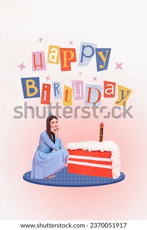 Poster postcard picture of beautiful lovely lady sitting large piece tasty cake celebrating birthday alone isolated on drawing background