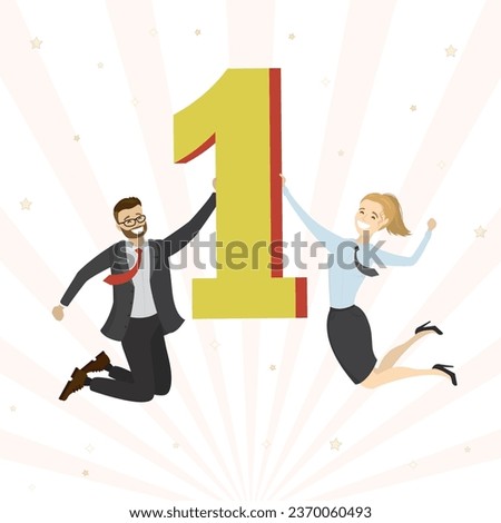 Happy business people or office workers in jump. Successful team with number one. Award ceremony for winners, first place. Best employees of month. Characters in trendy style. flat vector illustration