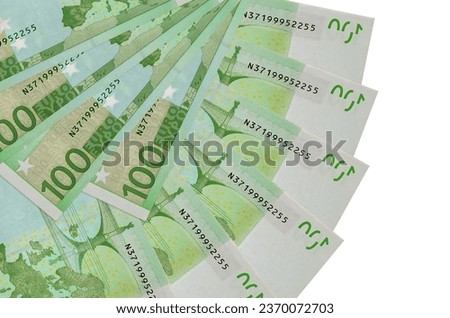 100 Euro bills lies isolated on white background with copy space stacked in fan shape close up. Financial transactions concept