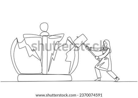 Single one line drawing Arabian businesswoman preparing to hit big crown. Destroying symbols of authoritarian kingdom. Expect justice for business people. Continuous line design graphic illustration