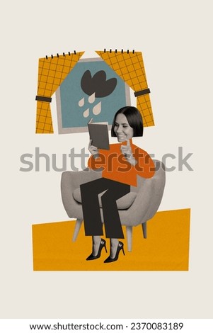 Collage pinup pop image of happy smiling lady enjoying rainy weather reading book isolated beige color background