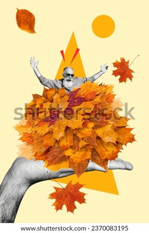 Collage artwork picture of human hand hold dry orange leaves crazy man dancing celebrating festive event isolated on drawing background