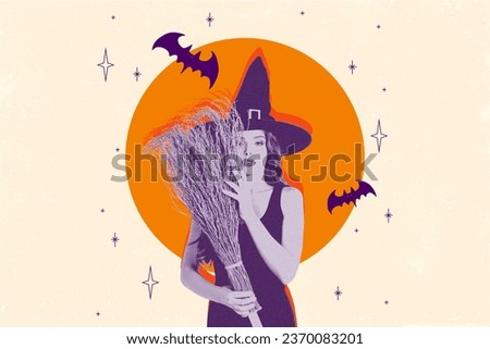 Composite creative photo illustration collage of beautiful witch hold broomstick haunting at night isolated on colorful background