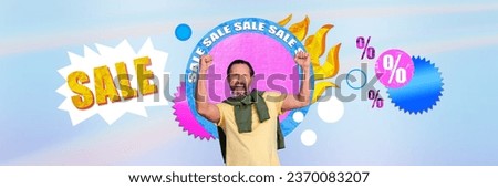 Creative drawing collage picture of excited active middle age man raise fists celebrate victory discount sale concept business marketing