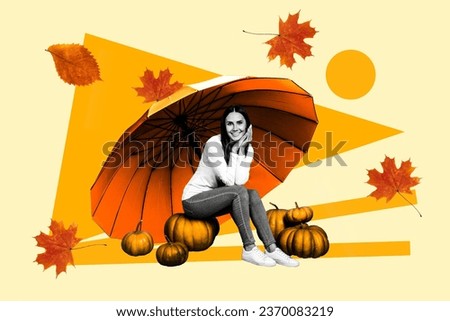 Picture image collage of pretty cute lovely lady sitting under umbrella enjoy cozy weather good mood isolated on drawing background