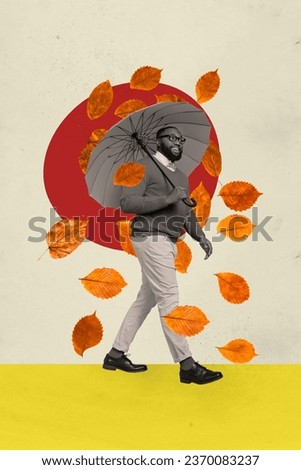 Vertical creative composite photo collage of positive man walking with umbrella under fallen leaves waves isolated painted background