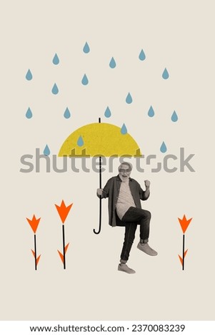 Creative 3d photo artwork graphics collage painting of funny lucky old guy walking garden under rain isolated beige color background