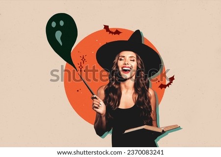 Composite creative photo abstract collage of beautiful witch hold spell book magic wand enchant ghost isolated on painted background