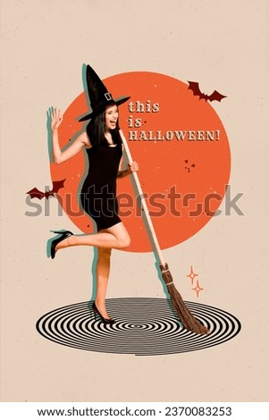 Vertical composite creative sketch photo collage of happy positive with hold broomstick celebrate halloween isolated on drawing background