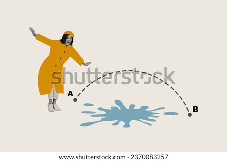 Composite creative illustration photo collage of funny woman in yellow coat walking jump on puddle isolated on white color background