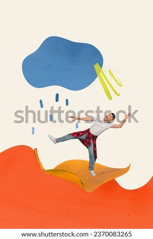 Collage artwork graphics picture of carefree funky guy standing big leaf enjoying rain isolated painting background