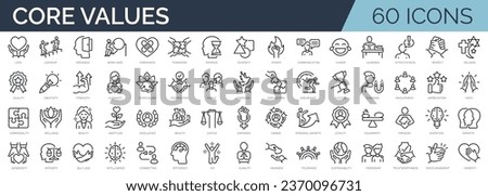Set of 60 outline icons related to core values. Linear icon collection. Editable stroke. Vector illustration Royalty-Free Stock Photo #2370096731