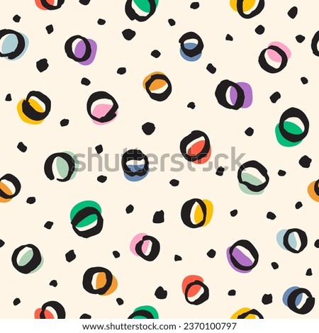 Hand brush drawn spots, circles, rings seamless vector pattern. Doodle specks, flecks, round paint stains or uneven dots of different size texture. Abstract colorful background. Artistic print design. Royalty-Free Stock Photo #2370100797