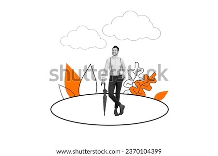 Full body picture of young guy collage retro style atmosphere comics holding parasol drawing foliage autumn isolated on white background