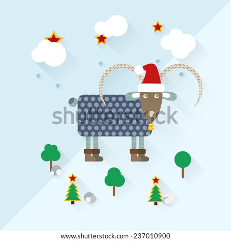 Ram in christmas hat and bell over blue background, with christmas trees with star and snowfalls