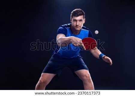 Table tennis player cover. Ping pong. Download a photo of a table tennis player for a tennis racket packaging design. Image for tenis ball box template. Royalty-Free Stock Photo #2370117373