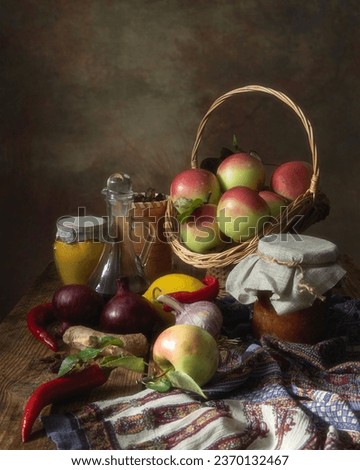 Still life with apples and vegetables
