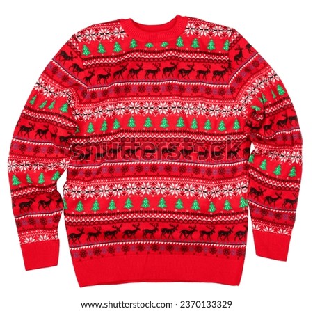 Red knitted Christmas crewneck jumper (aka Ugly Sweater) isolated on a white background Royalty-Free Stock Photo #2370133329