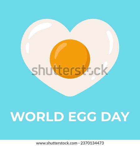 World Egg Day Banner. Heart shaped fried egg on blue background and basic text. Food theme. Vector illustration. 