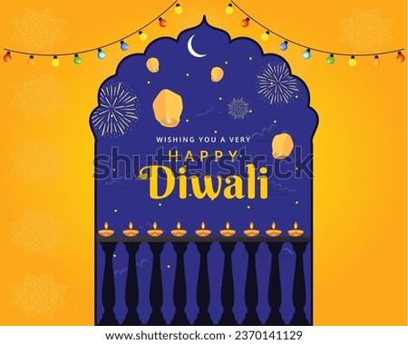 Diwali Celebration Background Decorated With Oil diya Lamps, lights and Lanterns, firecrackers in night sky happy diwali wishes