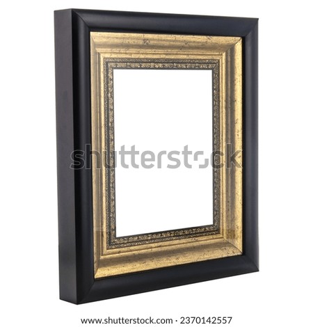 Perspective view of Dark Brown Golden Classic Old Vintage Wooden Rectangle canvas frame isolated on white. Blank and diverse subject moulding baguette. Design element for paint, mirror or photo