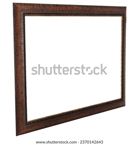 Perspective view of Antique Brown Golden Classic Old Vintage Wooden Rectangle canvas frame isolated on white. Blank and diverse subject moulding baguette. Design element for paint, mirror or photo